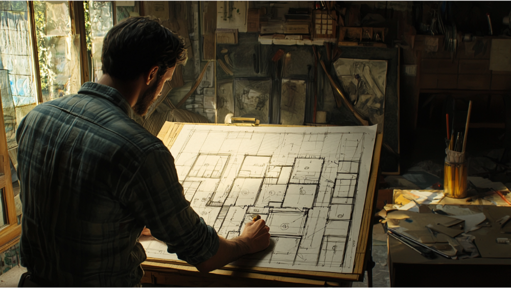 A man drawing a floor plan