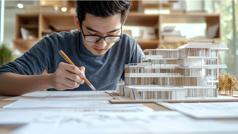 A man sketching an architectural plan