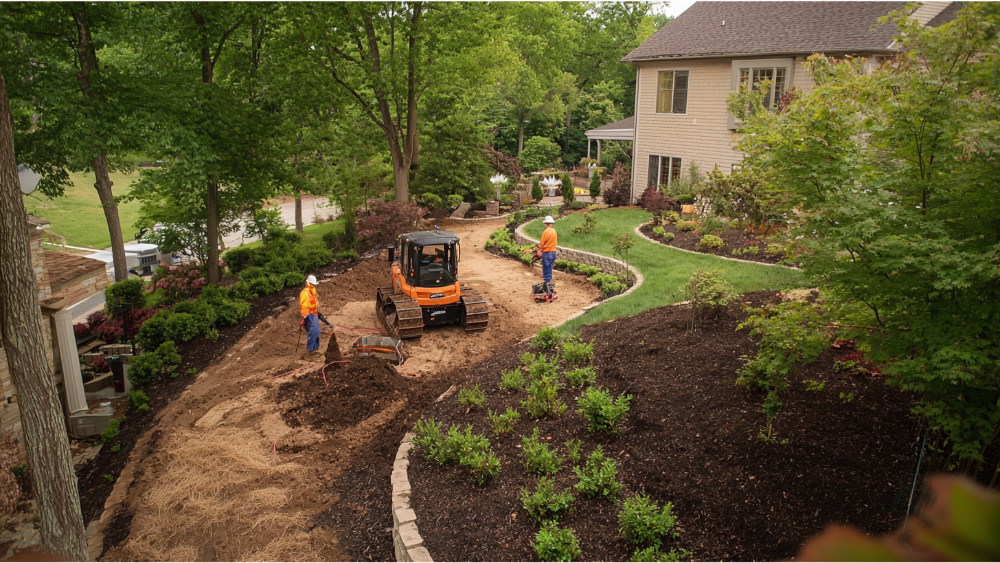 A team landscaping a property