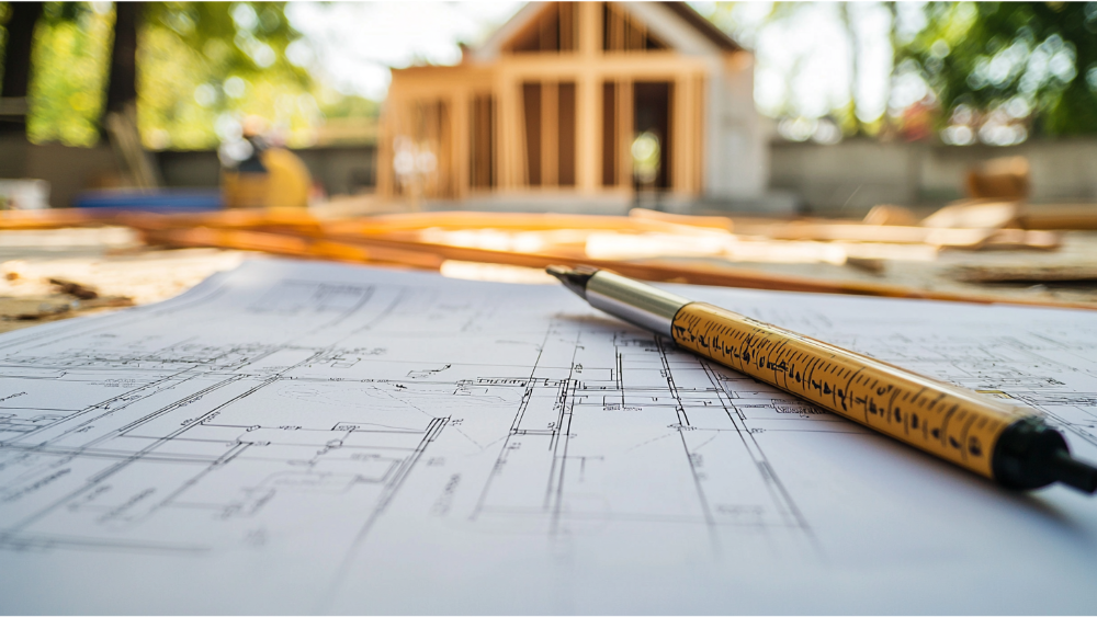 An MEP plan in front of a house that is under construction