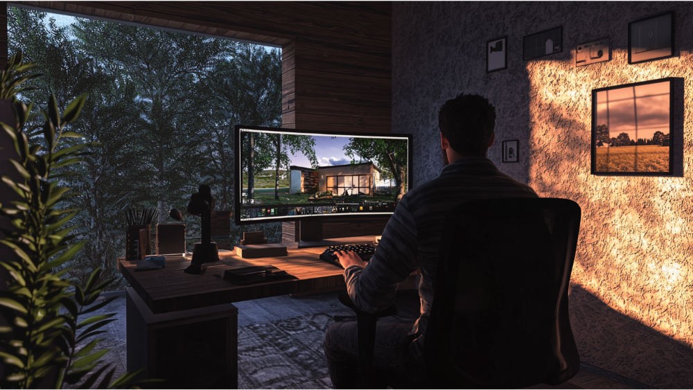 A man 3d rendering a house