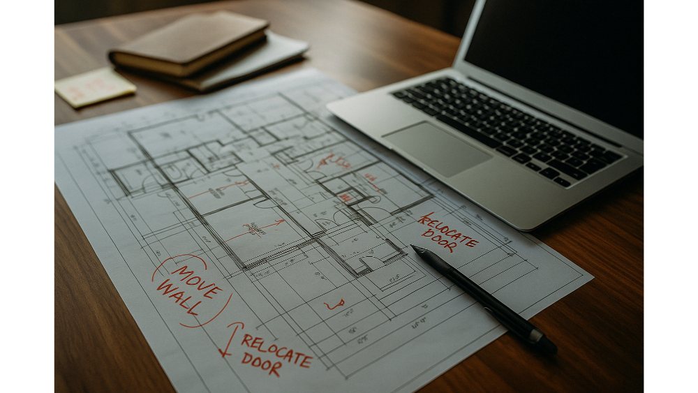 Detailed architectural floor plan on a desk with handwritten revisions, a pen, a laptop, and a notebook, representing project planning and changes.