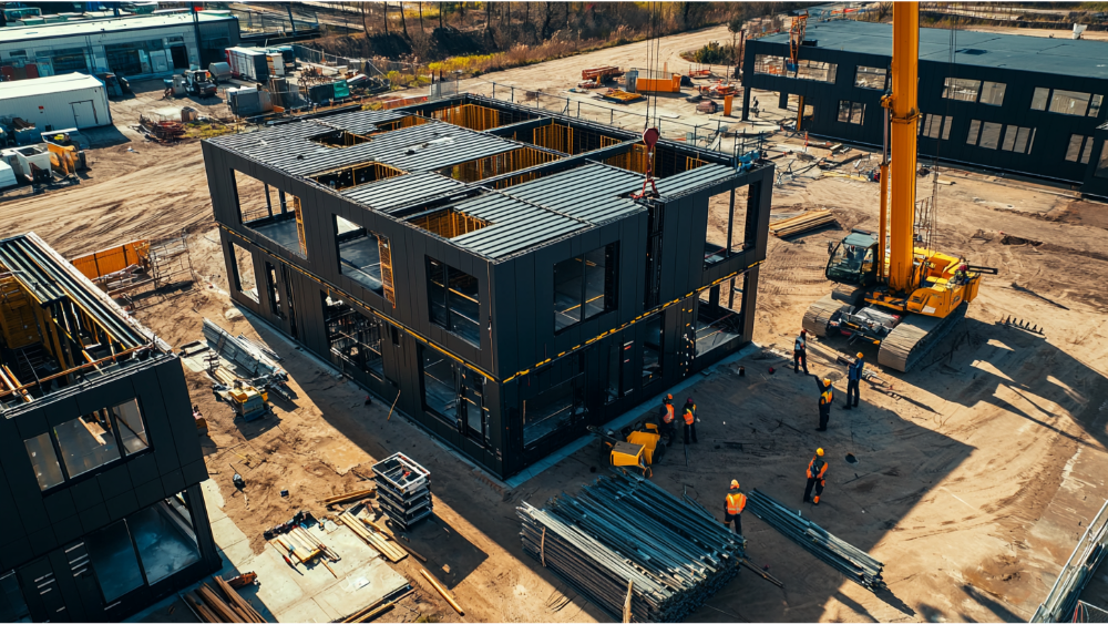 Construction crew assembling a modern black modular building frame using a crane, with visible prefabricated elements and site equipment.
