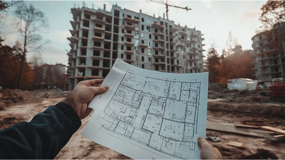 Person holding printed architectural floor plans on a construction site with a partially built multi-story residential building in the background.