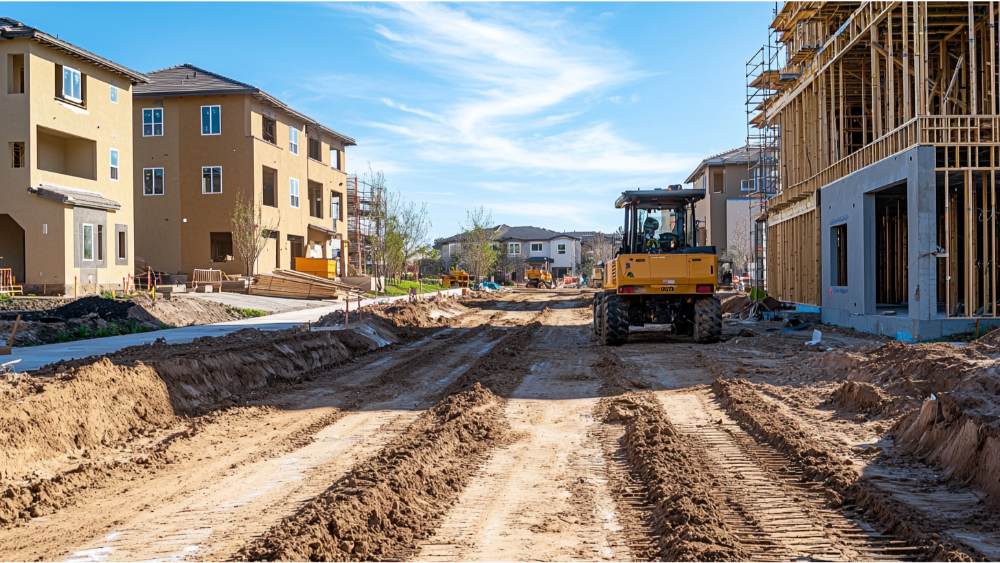 Residential development under construction with framed buildings, dirt roads, and construction vehicles on-site.
