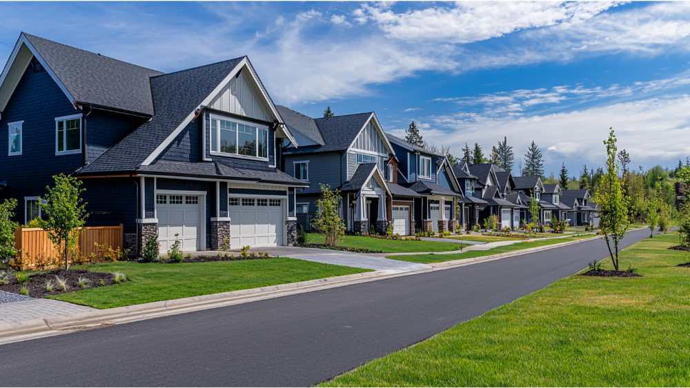 Suburban street with a row of modern single-family homes, landscaped front yards, and a clean asphalt road under a bright sky.