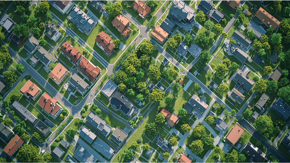 Aerial view of a residential neighborhood with tree-lined streets, homes, and green spaces arranged in a planned layout.