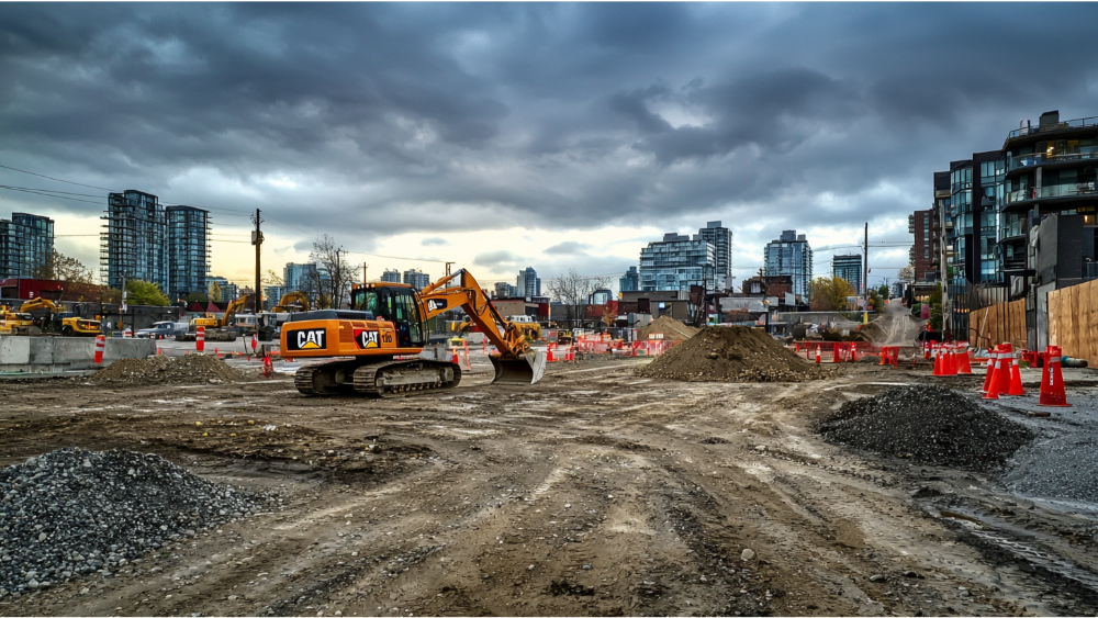 Construction site in an urban area with heavy machinery, dirt piles, and modern buildings in the background under a cloudy sky.