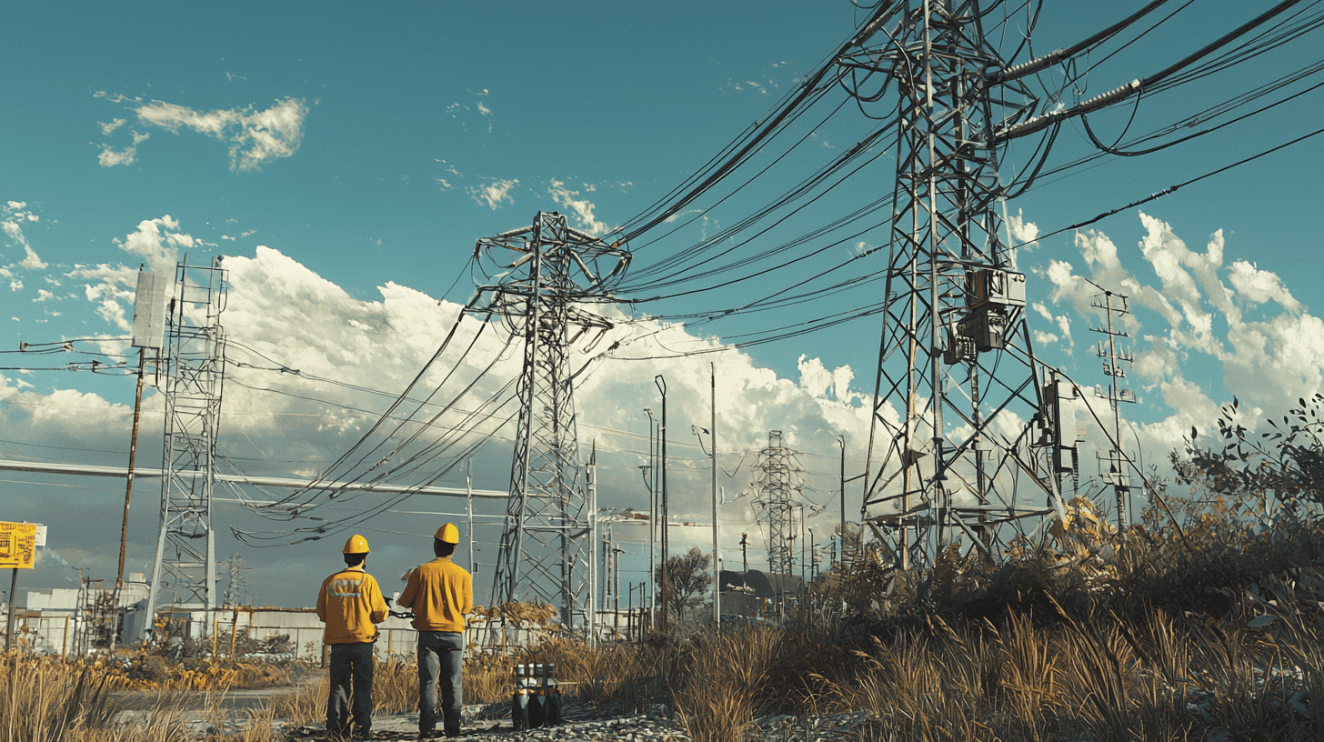 Two workers in hard hats inspecting power lines and utility towers.