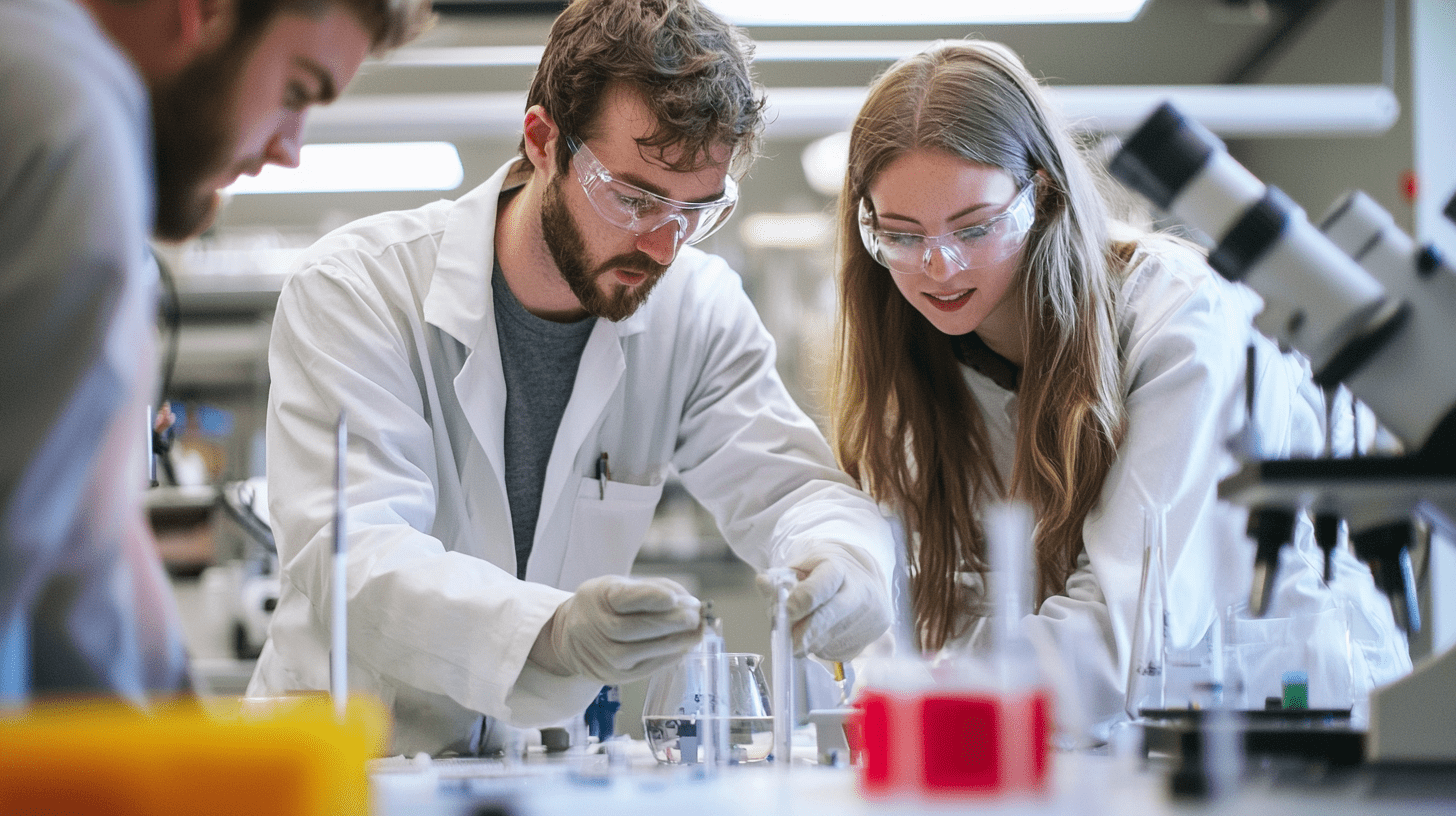 Scientists in lab coats conducting experiments at a laboratory workstation.