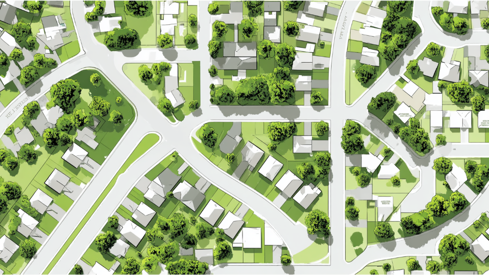 A stylized map showing a planned residential area, with simplified houses, roads, and abundant greenery, resembling a development proposal or urban plan.
