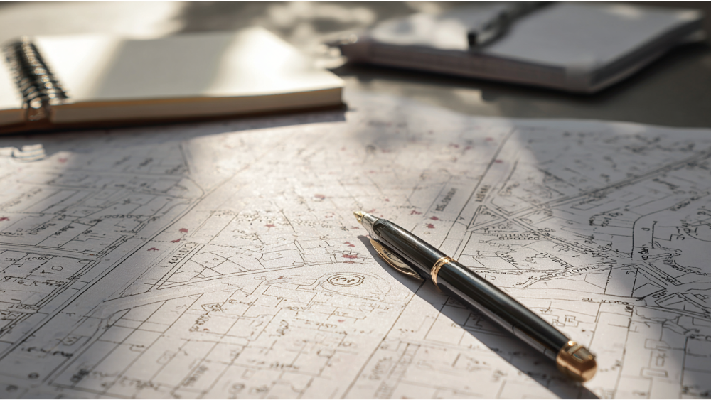 Detailed parcel map with black ink lines and parcel numbers, a pen resting on the paper with soft sunlight casting shadows.