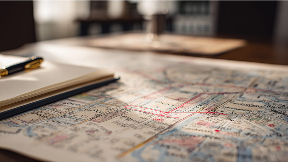 Close-up of a printed parcel map on a desk with a notebook and pen, showing labeled streets and block numbers.