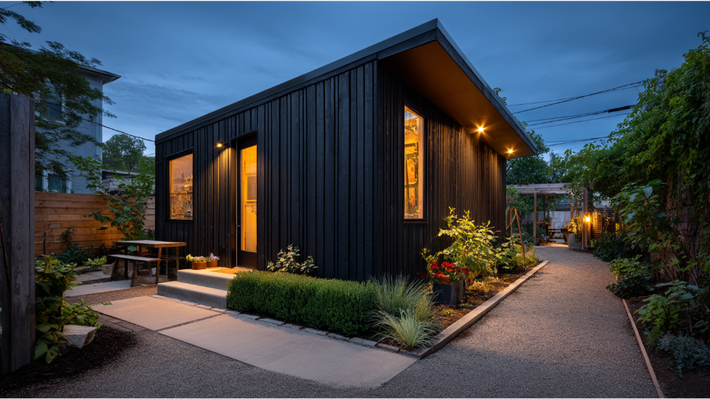 Dark vertical-panel ADU with warm interior lighting, compact footprint, and a landscaped path leading to the entrance.