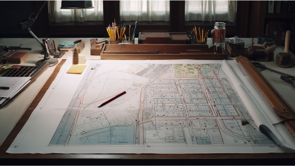 Detailed plot plan spread across a drafting table, surrounded by pencils, tools, and notepads in a workspace with natural light.