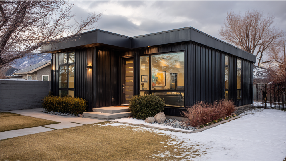 Flat-roof black ADU with large windows set against a snowy suburban backyard.