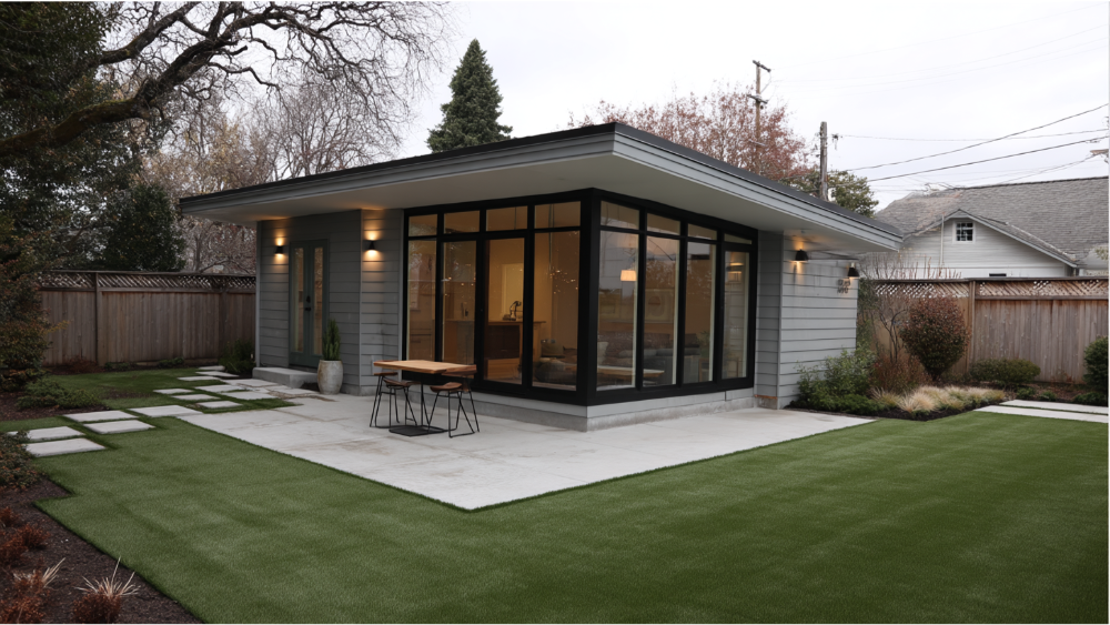 Flat-roof ADU with gray siding and large windows, featuring clean lines, concrete patio, and simple greenery.