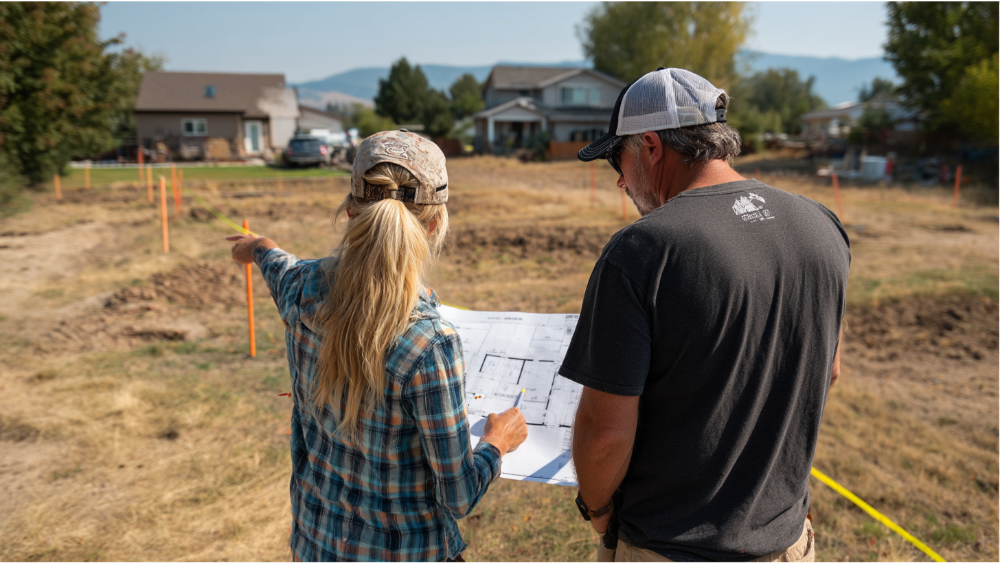 Homeowner and contractor reviewing a printed plot plan while standing on a vacant lot marked with survey stakes.
