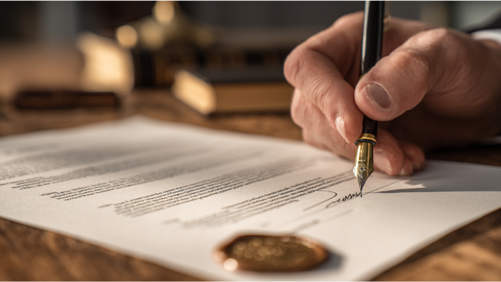 Close-up of a legal document titled "Lot Line Adjustment Application" being signed with a fountain pen on a wooden desk.