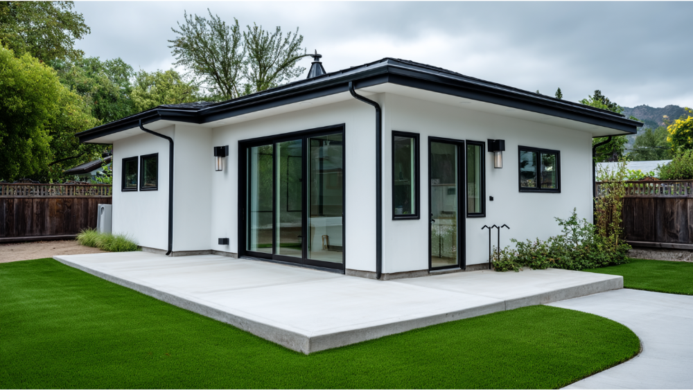 Minimalist white ADU with dark trim, sliding glass doors, flat roof, and artificial turf lawn in a residential backyard.