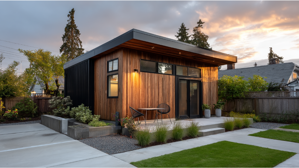 Stylish backyard ADU with black trim and wood siding under warm sunset lighting, modern landscaping.