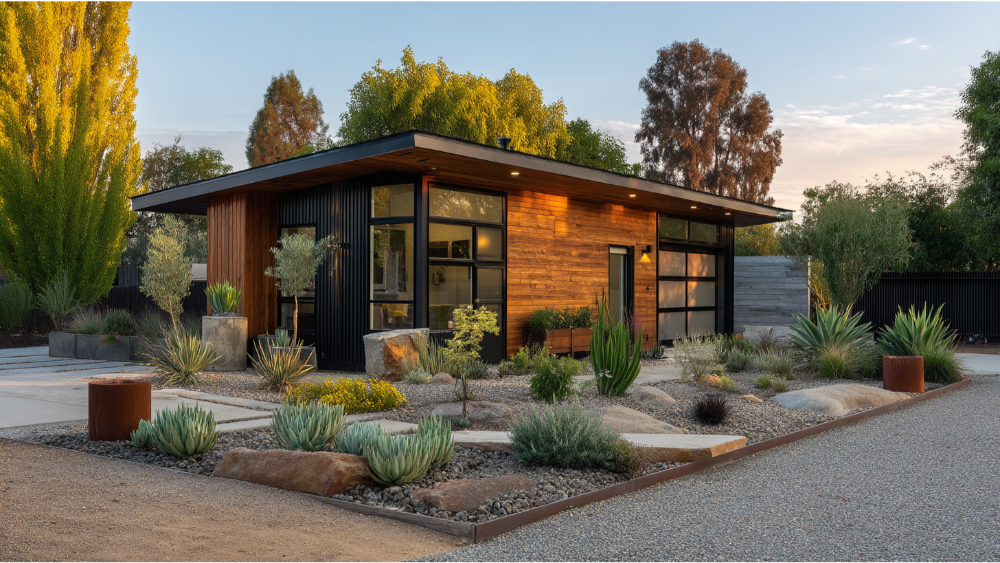 Contemporary ADU with horizontal wood and black panel siding, flat roof, and desert-style landscaping in the front yard.