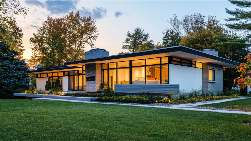 Contemporary single-story home with large glass windows, flat roof, and landscaped front yard at sunset.