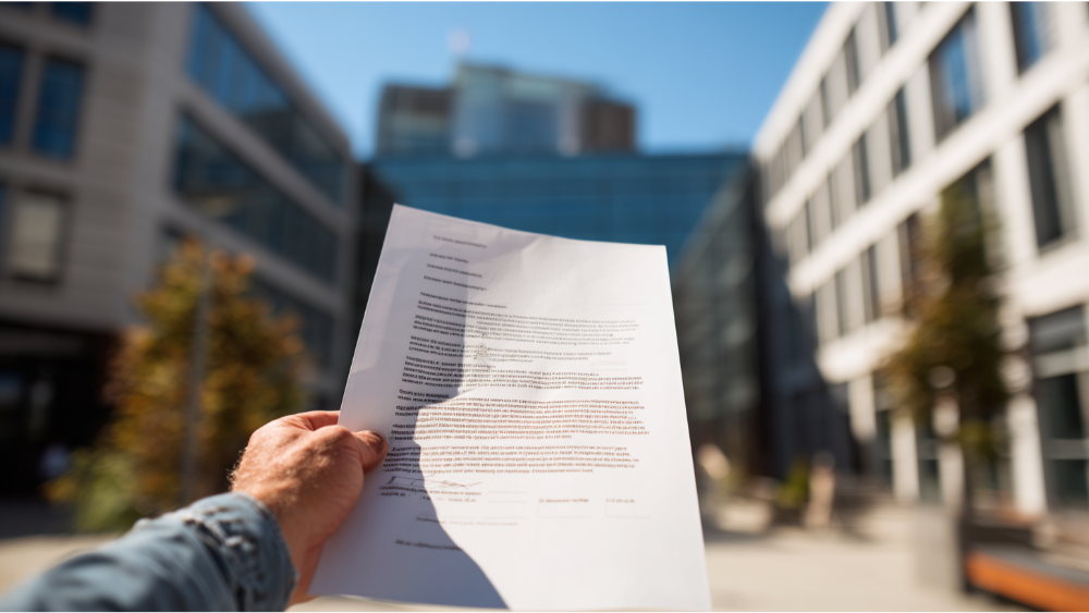 Person holding a printed conditional use permit document in front of a modern government or city office building.