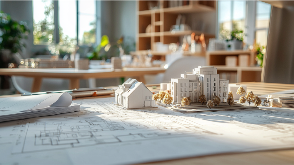 A modern office desk featuring miniature building models on top of technical drawings, with natural light illuminating the space.