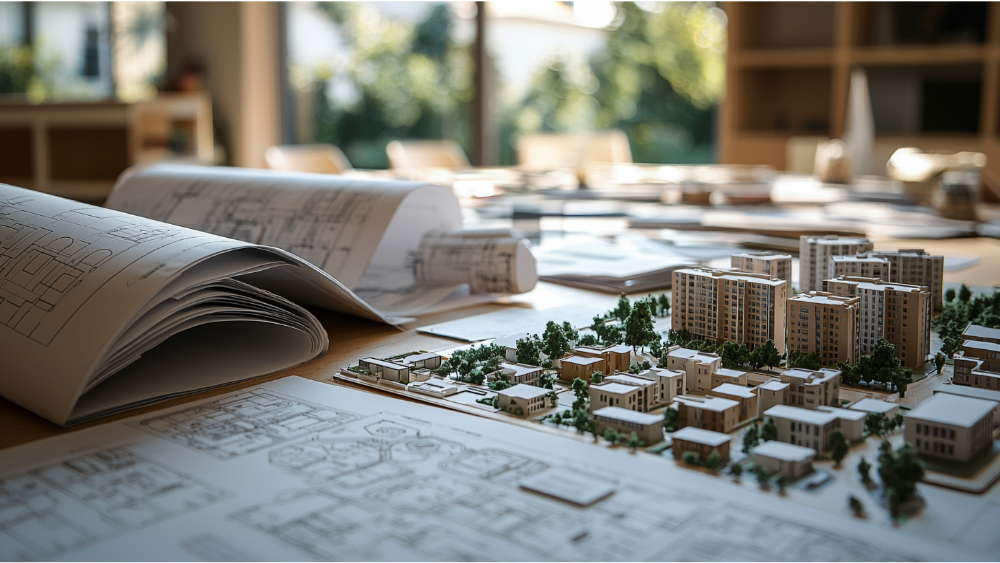 A detailed table setup featuring a scale model of a planned urban development surrounded by rolled-up technical drawings and documents.