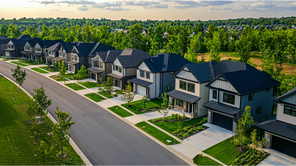 A clean, modern neighborhood with similar two-story houses, driveways, and young landscaping along a smooth paved road.