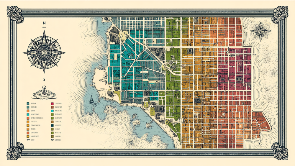 Simplified vector-style parcel map with color-coded zoning, compass rose, and a decorative vintage border.
