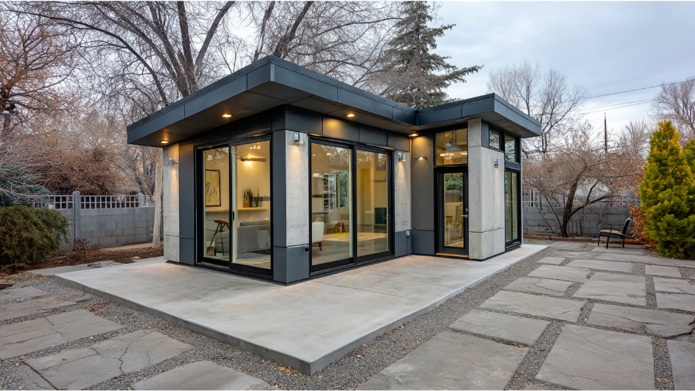 Minimalist gray ADU with large glass sliding doors, flat roof, and a concrete patio surrounded by gravel and stone pavers.