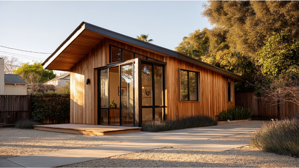Wood-paneled ADU with a sloped roof, large glass entry, and modern black trim, surrounded by gravel and simple landscaping.