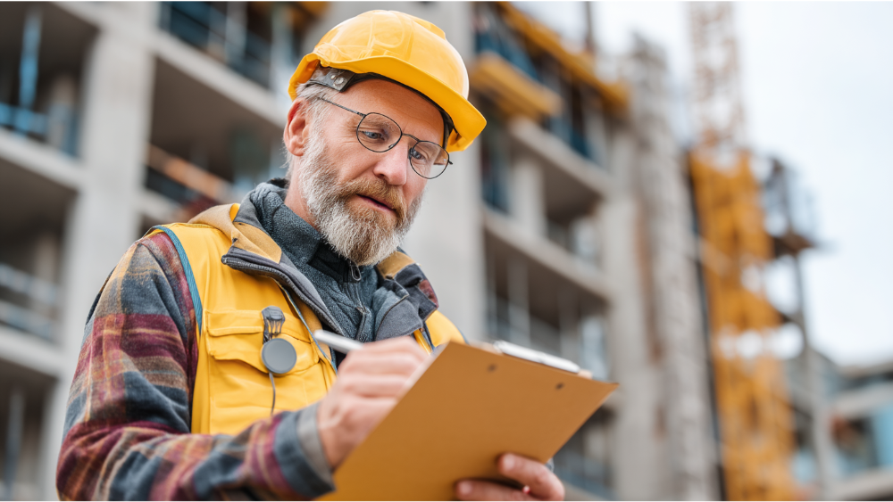 Construction professional in a hard hat and vest writing on a clipboard at a job site with a building under construction in the background.