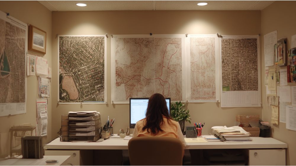City planner working at a desk surrounded by zoning maps and aerial prints pinned to the wall, focused on a computer screen.
