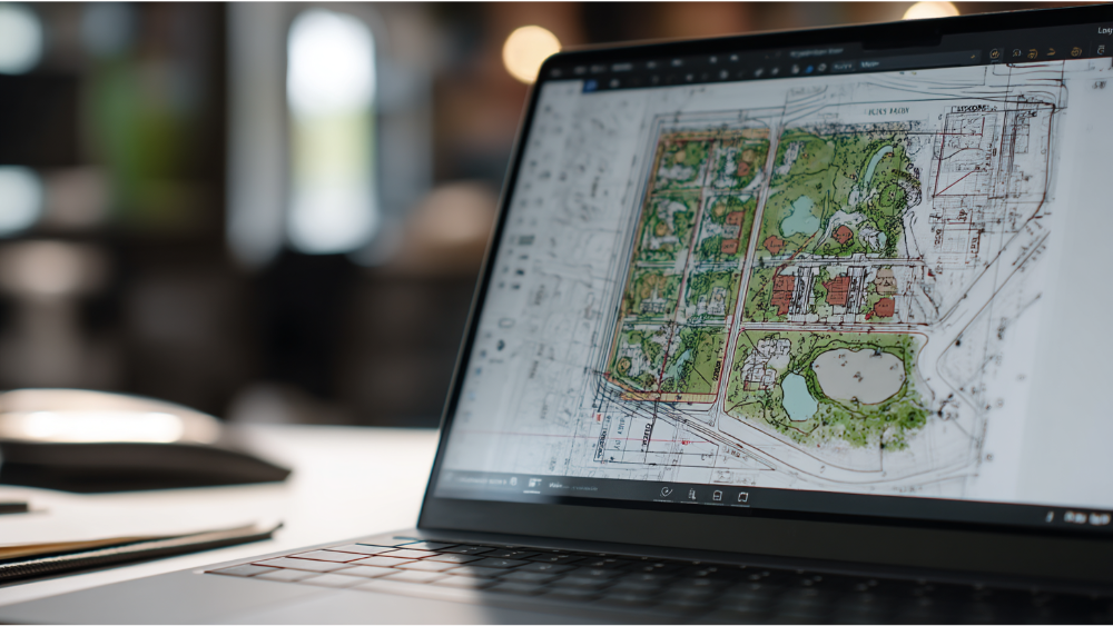 Close-up of a digital plot plan displayed on a laptop screen, showing proposed land divisions and landscape features.