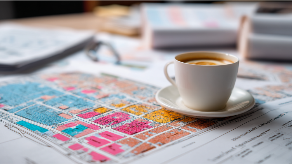 Close-up of a colorful zoning map on a desk with a cup of coffee placed on top, showing detailed land use categories.