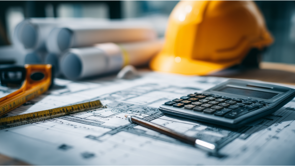 A detailed view of architectural blueprints on a desk with a calculator, measuring tape, pencil, and yellow hard hat in the background.