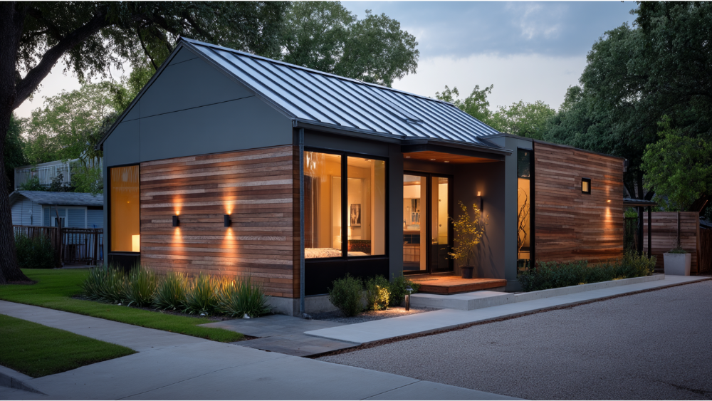 Contemporary ADU with horizontal cedar siding, large glass windows, and a sleek metal roof, exterior lighting creating a warm glow.