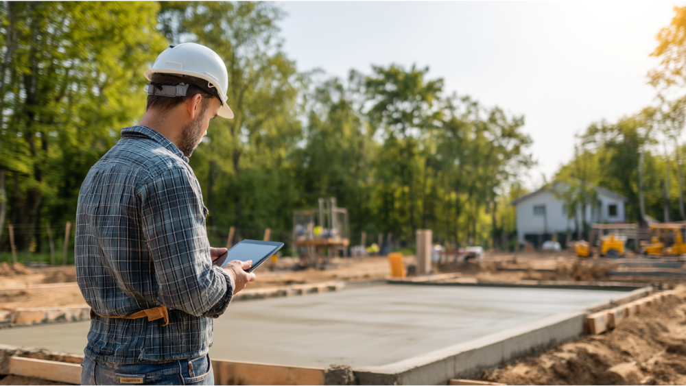 A construction professional in a hard hat observes a concrete slab at a job site, reviewing plans on a digital tablet with surrounding trees and equipment.