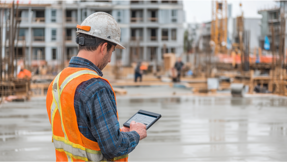 A man in a hard hat and reflective vest using a tablet on a freshly poured concrete slab, with workers and structures in the background.