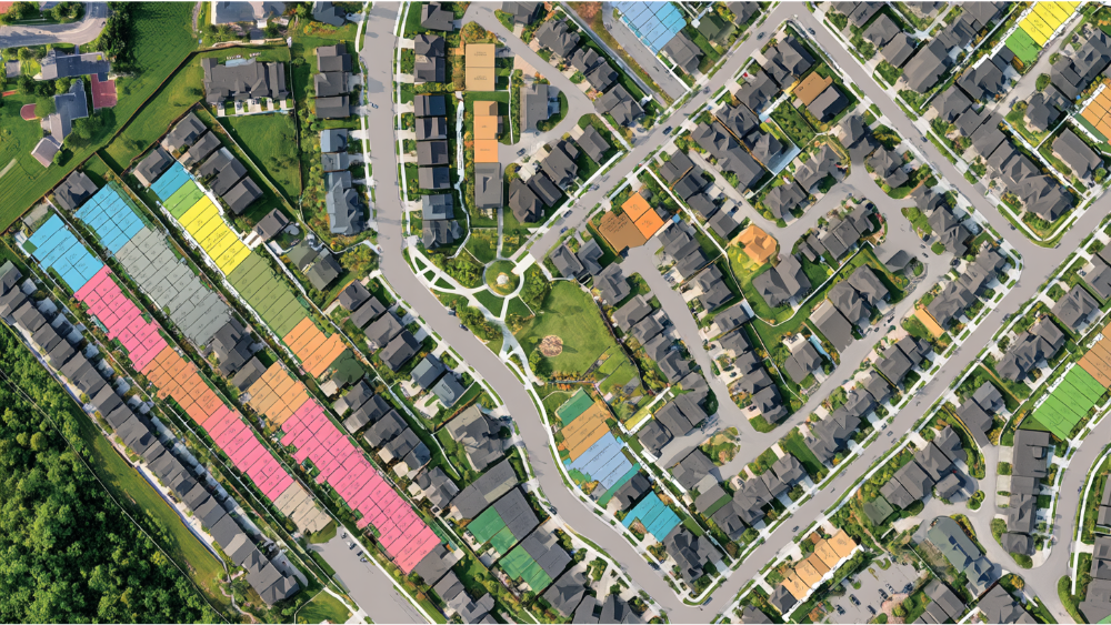 A detailed top-down view of a planned residential neighborhood showing color-coded lots, roads, green spaces, and housing layouts.