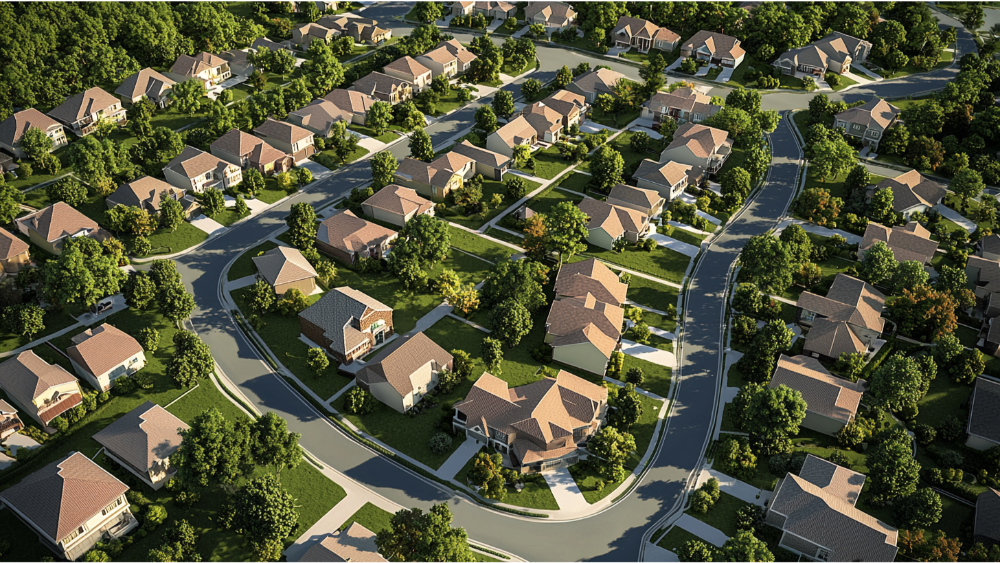 Aerial view of a planned suburban community with spacious single-family homes, winding roads, and abundant greenery.