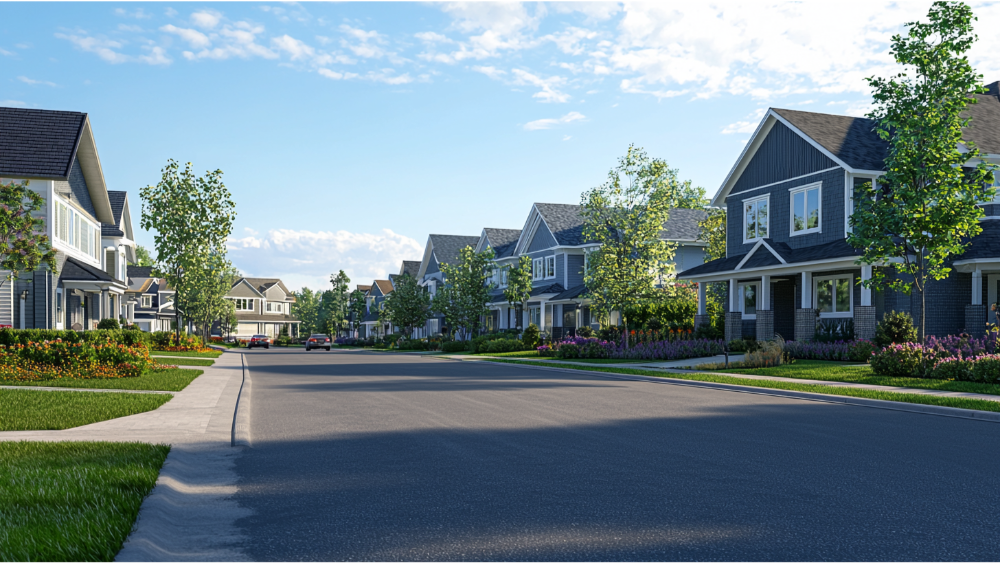 Street-level view of a quiet suburban neighborhood with well-kept lawns, modern homes, and clear blue skies.