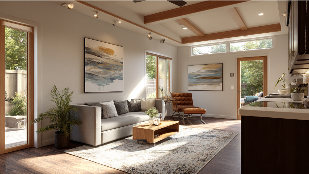 Modern ADU interior with a gray sofa, large windows, wood ceiling beams, and open kitchen layout with track lighting.