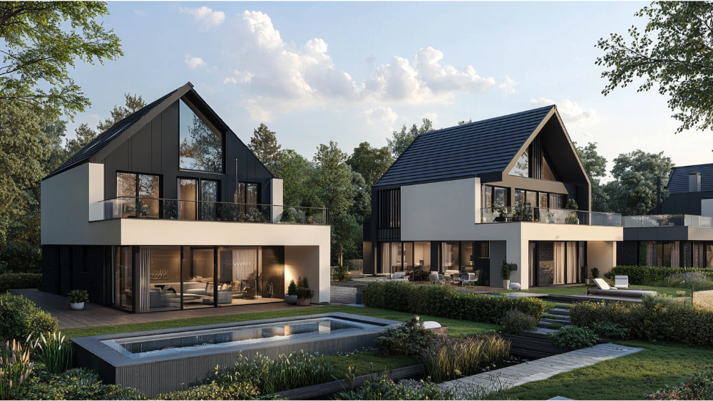 Modern two-story homes with large windows and sleek architecture, featuring landscaped yards and a pool.