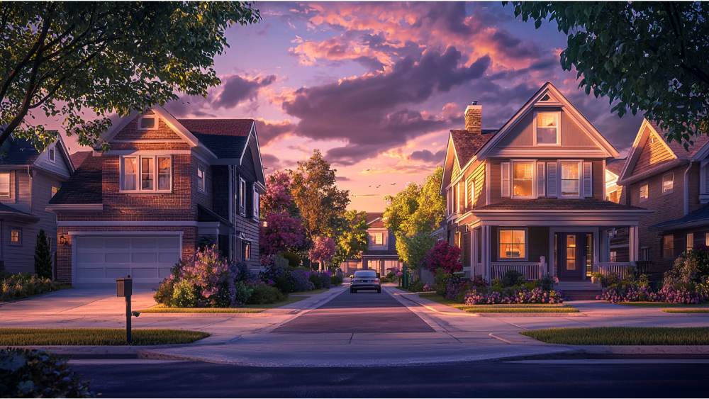 Suburban street lined with well-maintained homes, trees, and colorful landscaping during sunset.