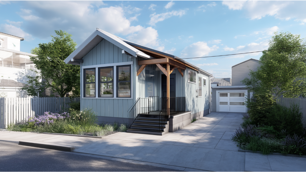 Light blue accessory dwelling unit with a front porch and gabled roof in a suburban driveway setting.