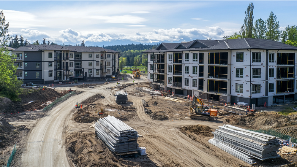 A large residential construction site with multiple buildings in progress, heavy equipment, building materials, and workers visible on a dirt roadway.